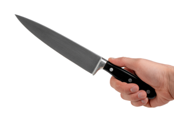 Close-up of a chef's knife held in a hand.  Sharp blade, dark handle