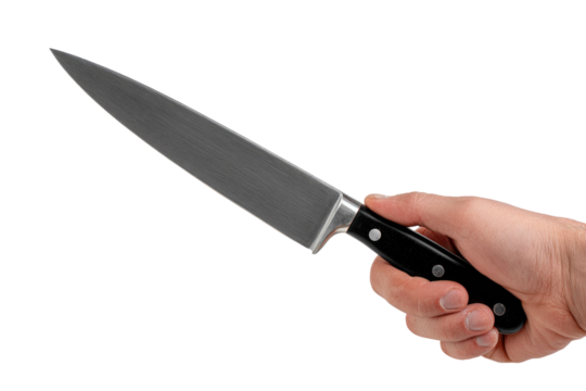 Close-up of a chef's knife held in a hand. Sharp blade, dark handle