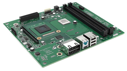 A detailed view of a green computer motherboard showcasing the intricate circuitry, cpu socket, ram slots, and various ports, highlighting the core components of a modern computing system isolated on 