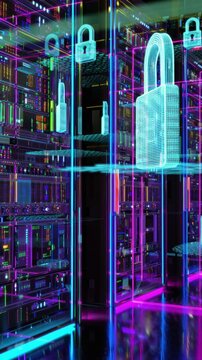 High-tech server room with glowing security padlocks. A concept for cloud computing, data center security, and protected network infrastructure.