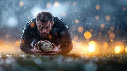 Rugby player tackles the elements muddy field sports photography rainy environment close-up perspective
