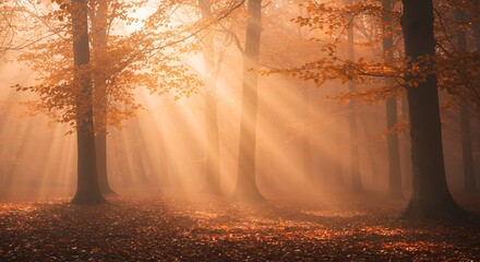 Golden sunbeams stream through the trees in a misty, atmospheric autumn forest.
