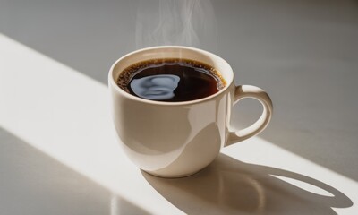 Steaming black coffee in a white mug, light and shadow on table
