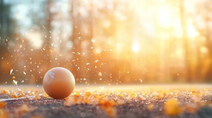 Bouncing ball amidst colorful autumn leaves outdoor park nature photography warm light ground level playful atmosphere