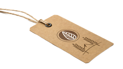 A rustic brown paper tag with a leaf logo and string, isolated on transparent background, evokes a sense of natural, organic, and ecofriendly branding for a product or gift