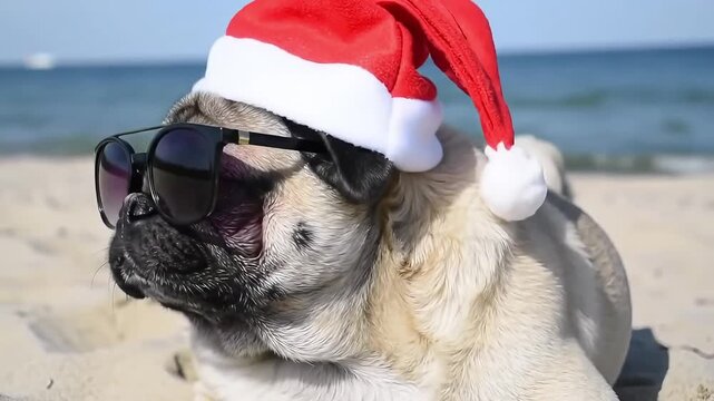 A pug wearing sunglasses and a santa hat resting on a sandy beach near the ocean on a sunny day