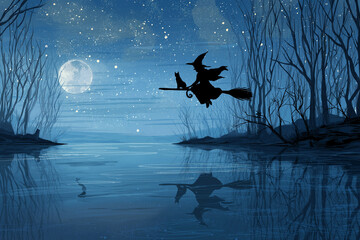 Fototapeta premium A witch on a broomstick soars over a still, black lake reflecting the full moon. Below, the water ripples as something massive moves beneath the surface. The stars are unnaturally bright. 