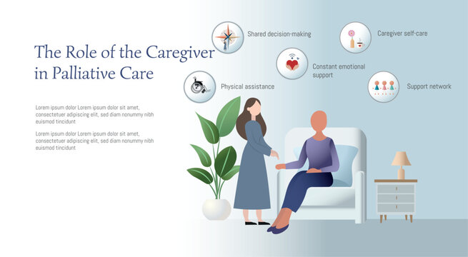 Caregiver assisting elderly patient in palliative care, providing physical and emotional support