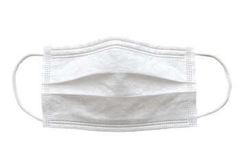 A white disposable face mask,  flatlay,  with  elastic ear loops