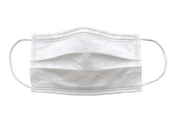 A white disposable face mask,  flatlay,  with  elastic ear loops