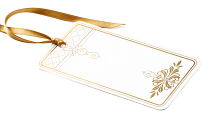 An elegant white and gold gift tag with a decorative design and gold ribbon, offering a blank space for a personalized message or price display isolated on transparent background