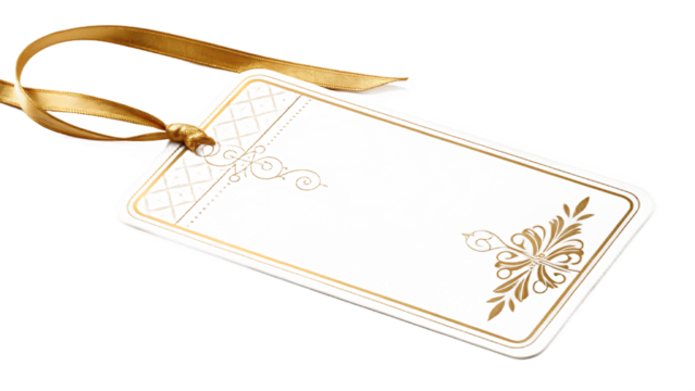 An elegant white and gold gift tag with a decorative design and gold ribbon, offering a blank space for a personalized message or price display isolated on transparent background