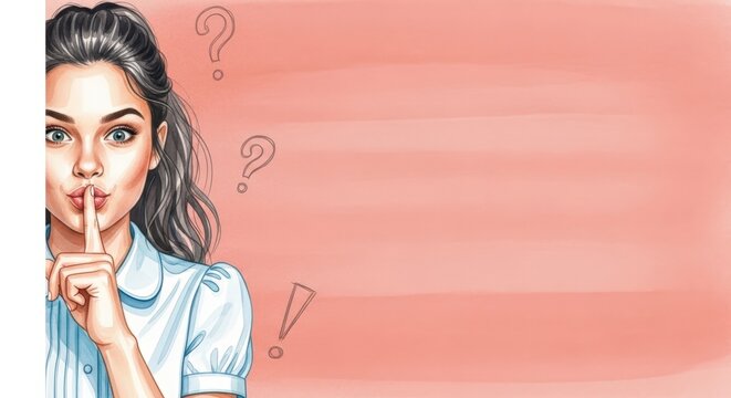 Woman gesturing silence with question marks. Ai generation