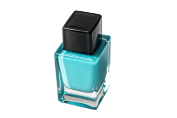 Turquoise nail polish in a square glass bottle with a black cap