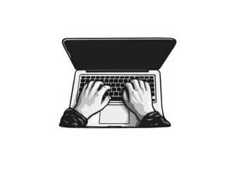 Hands typing on a laptop, grayscale illustration