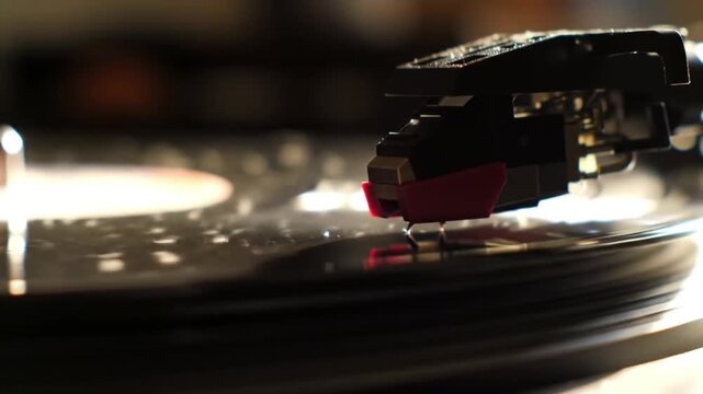 Closeup of a DJs Turntable Playing Vinyl Record with Stylus Moving in a Dark Club Environment
