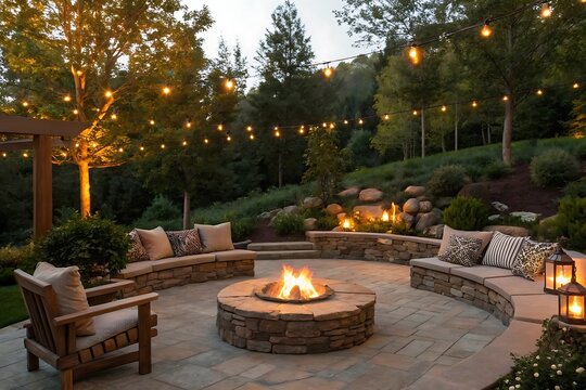 A cozy backyard fire pit area with stone benches, cushions, and string lights creates a warm and inviting outdoor living space for relaxation and gatherings in the evening