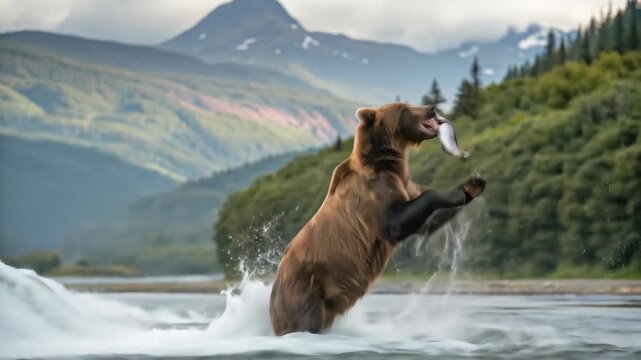 A powerful grizzly bear standing in a rushing river, catching a salmon mid-leap, water droplets frozen in time, forested mountains in the distance, raw and dramatic wildlife moment.