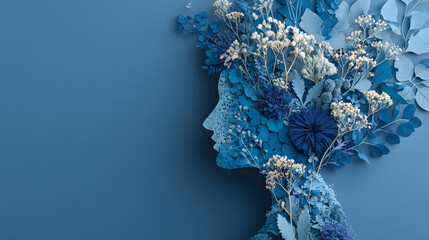World mental health awareness day. Paper cutout woman head and flowers blue background