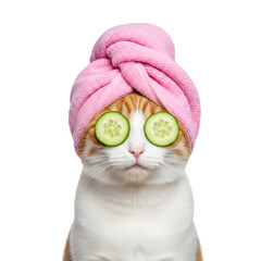 Funny cat spa day with a pink towel and cucumber slices on eyes on transparent background. Pet relaxation concept.