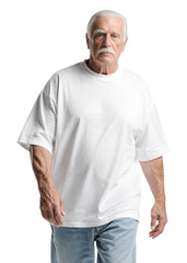 Muscular senior man wearing white oversized t-shirt and blue jeans, isolated on transparent background