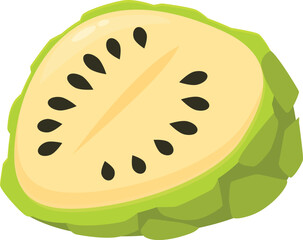 Exotic soursop fruit cut open revealing its juicy flesh, black teardrop seeds, and green skin