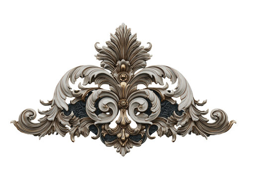Ornate, decorative headboard detail.  A detailed, symmetrical design of sculpted, swirling,
