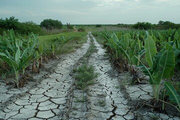 Drought-stricken agricultural field with cracked earth and banana plants under a cloudy sky