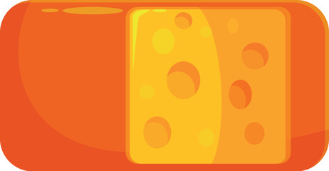 Cartoon illustration of a rectangular piece of cheese with orange rind, showing its texture and holes, isolated on white background