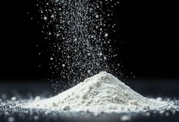Fine white powder cascading down, forming a small mound on a dark surface.