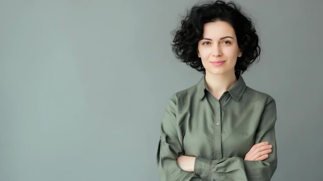 A confident woman stands with arms crossed, displaying a stylish casual outfit while smiling pleasantly against a neutral background