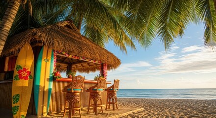 Tropical Beach Bar with Surfboards. Ai generation