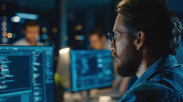 Medium shot of a security auditor deeply analyzing code changes blurred team members in background engaging in secure code review discussion.
