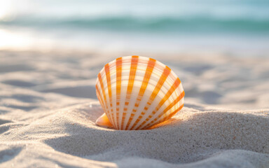 Obraz premium Dreamy seashell basking in the sun on pristine white sand near turquoise ocean waves, summer vacation