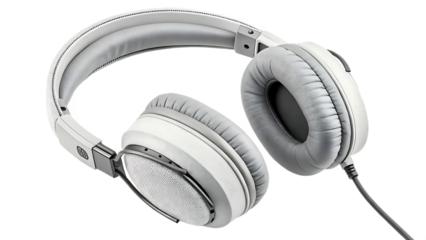 A pair of stylish white and gray headphones is isolated on transparent background, designed for high quality audio and comfortable listening experience