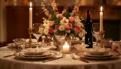 Elegant Romantic Dinner Table with Fine China and Candles