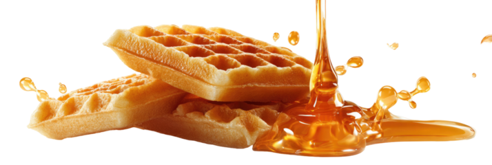 Golden waffles drenched in a cascade of syrup