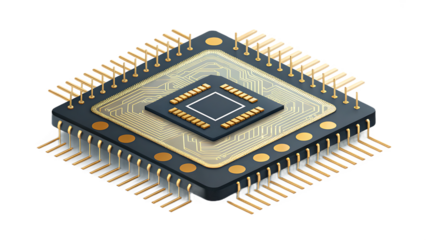 A detailed isometric illustration of a microchip is isolated on transparent background, representing advanced technology and intricate electronic engineering