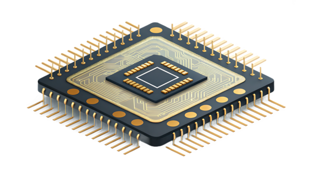 A detailed isometric illustration of a microchip is isolated on transparent background, representing advanced technology and intricate electronic engineering