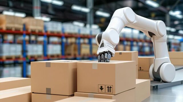 Robotic arm efficiently sorts and stacks packages in a bustling warehouse environment, showcasing modern automation technology in action