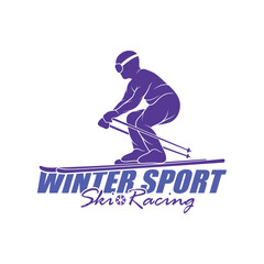 Mountain Skiing Logo Design Vector. Silhouette Ski Player Template Illustration
