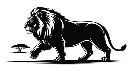 Walking lion silhouette with mane and acacia tree on white background, majestic wildlife icon for safari, nature, and animal themes