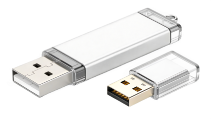 A sleek silver usb drive with its cap removed is isolated on transparent background, symbolizing portable data storage and modern technology