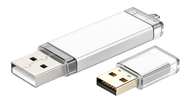 A sleek silver usb drive with its cap removed is isolated on transparent background, symbolizing portable data storage and modern technology