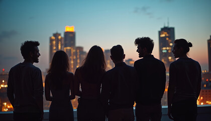 Group of friends enjoying city view during sunset at rooftop  