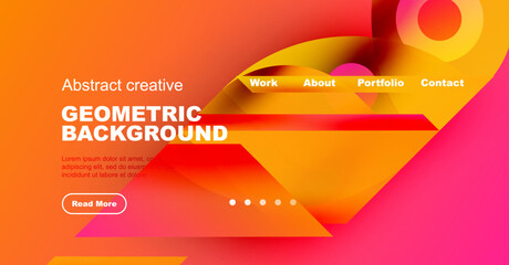 Abstract geometric background. Vibrant orange, red gradients dominate design. Navigation menu present, text included. Modern, creative aesthetic.