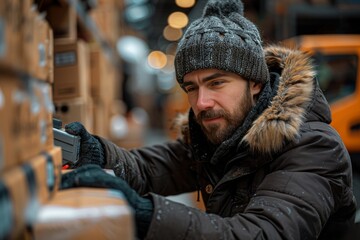 Fototapeta premium Young man inspecting packages in a snowy warehouse during winter