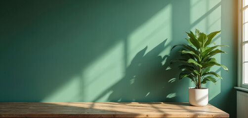 Wooden table with potted green plant sits before teal wall, casting leaf shadows from sunlight through window. Features panoramic banner with copy space for product display, ideal for eco-friendly