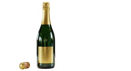 Pristine emerald-green champagne bottle with gold foil cork and blank label on polished white marble, blurred corporate event background, soft studio lighting. Concept of professional success