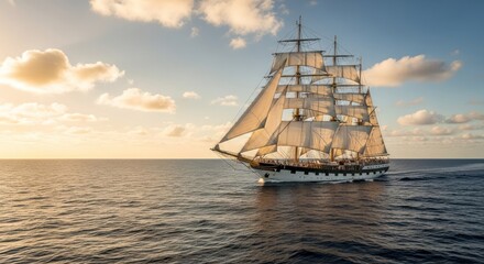 Obraz premium Tall ship sailing on open ocean, full sails catching golden sunlight, against blue sky